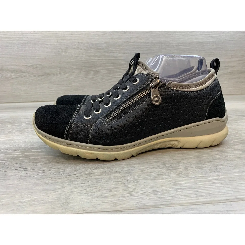 Rieker Women's Sneakers Memosoft Black Leather Suede Zip Comfort 8.5 Shoes